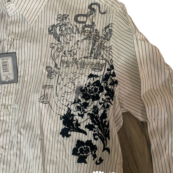 NWT BRUNO NEW YORK MENS BUTTON DOWN WHITE/BLACK STRETCH STRIPED GRAPHIC SHIRT XL - Picture 5 of 6